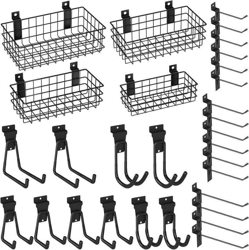 INCLY 30PCS Slatwall Accessories Set, Includes 4 Pack Ventilated Metal Wire Slatwall Baskets and 26PCS Multisized Heavy Duty Slatwall Hooks for Garage Organization Rooms Workshop Storage - Image 1